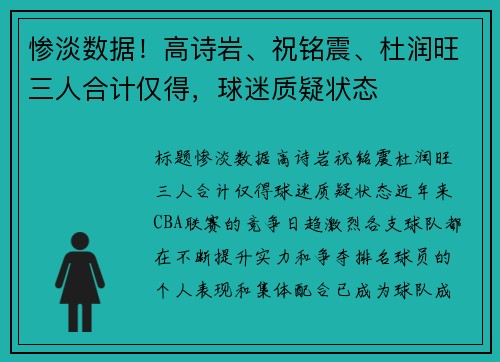 惨淡数据！高诗岩、祝铭震、杜润旺三人合计仅得，球迷质疑状态