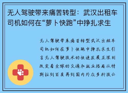 无人驾驶带来痛苦转型：武汉出租车司机如何在“萝卜快跑”中挣扎求生