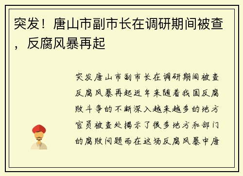 突发！唐山市副市长在调研期间被查，反腐风暴再起