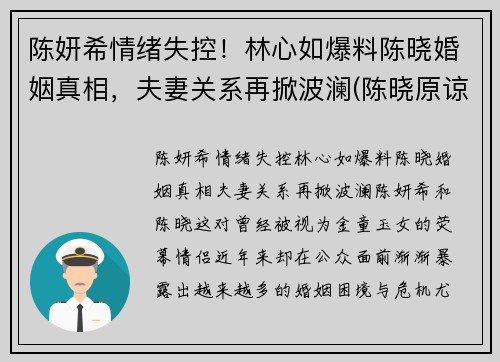 陈妍希情绪失控！林心如爆料陈晓婚姻真相，夫妻关系再掀波澜(陈晓原谅陈妍希了)