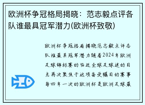 欧洲杯争冠格局揭晓：范志毅点评各队谁最具冠军潜力(欧洲杯致敬)