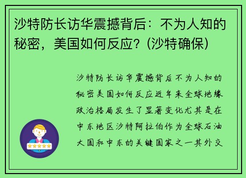 沙特防长访华震撼背后：不为人知的秘密，美国如何反应？(沙特确保)
