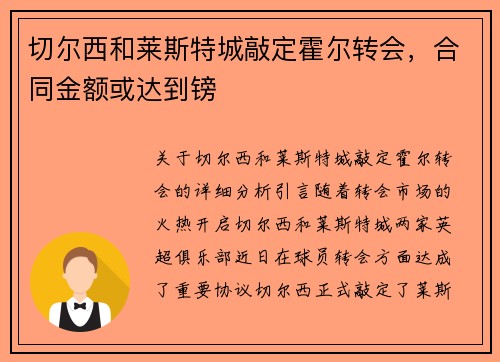 切尔西和莱斯特城敲定霍尔转会，合同金额或达到镑