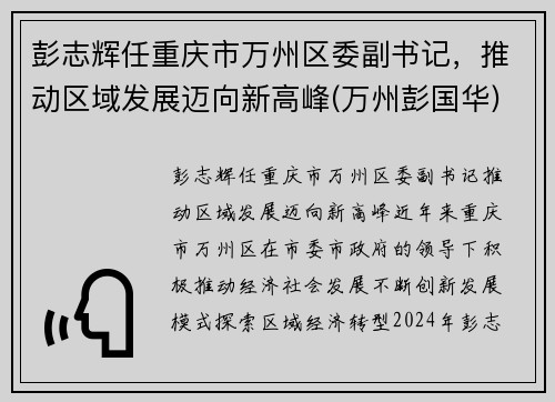 彭志辉任重庆市万州区委副书记，推动区域发展迈向新高峰(万州彭国华)