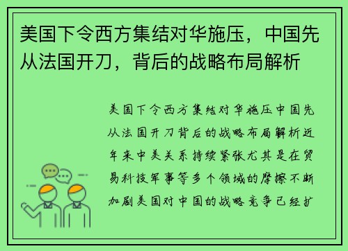 美国下令西方集结对华施压，中国先从法国开刀，背后的战略布局解析